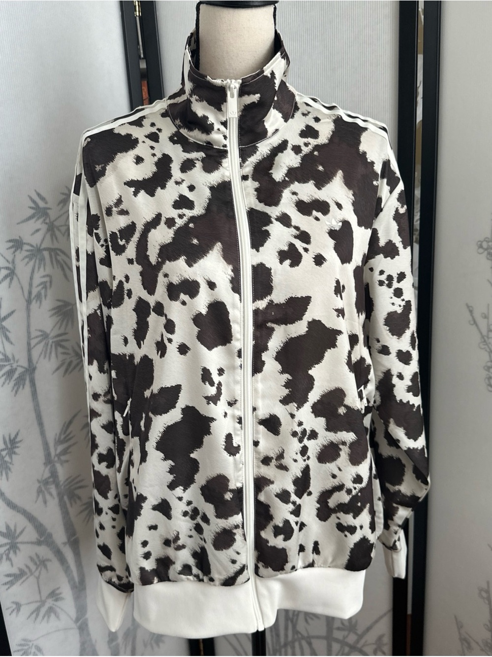 Adidas Women’s Cow-Animal Print Satin Bomber Zip Jacket w/Zip Pockets